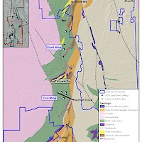 Figure 1: Part of the YCGP showing (1) the trace of the Campbell Shear zone, (2) the location of the winter 2020 two holes that targeted the Campbell Shear stratigraphy on the Northbelt, and (3) location of KA-6 on the Southbelt property.